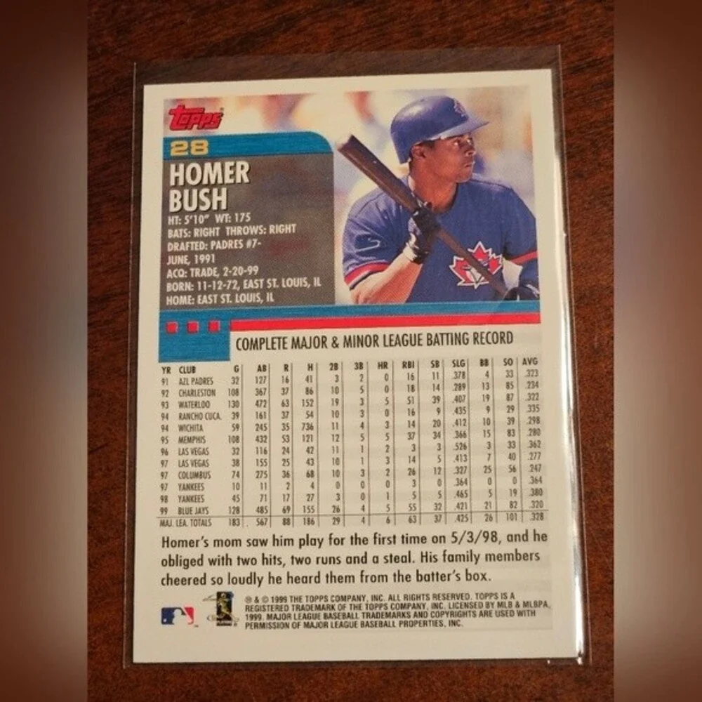 #28 Homer Bush MLB Collectible Card